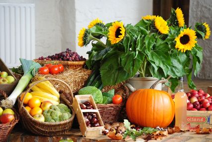 Viele Erntedankgaben in bunten Farben - Copyright: Dörte Rausch