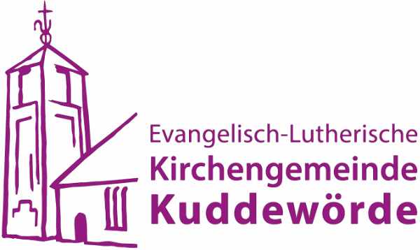 Umrisse in Lila von dem Kirchturm und ansatzweise vom Kirchenschiff von Kuddewörde, rechts daneben der Schriftzug Evangelisch-Lutherische Kirchengemeinde Kuddewörde